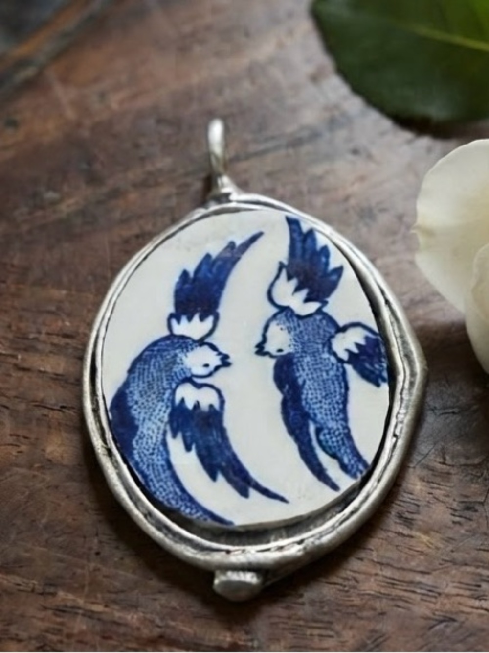 Vintage Blue Willow Up Cycled Broken China Love Bird Silver Plate Oval Pendant